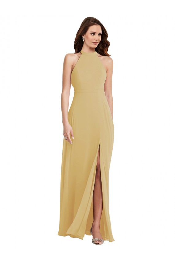 Best Sleeveless Open Back Long Halter Neck A-Line Gold Maxi Evening Dress UK
