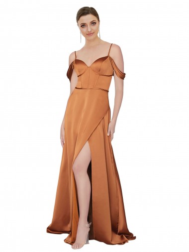 Best Cold Shoulder Low Back Long Sweetheart A-Line Silky Satin Evening Dress UK