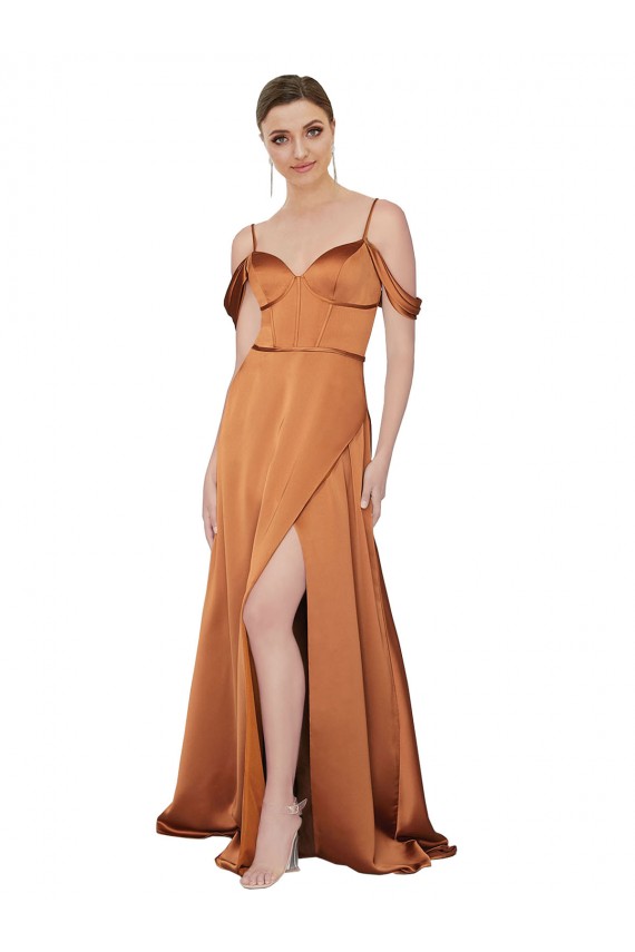 Best Cold Shoulder Low Back Long Sweetheart A-Line Silky Satin Evening Dress UK
