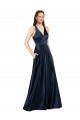 Best Sleeveless Keyhole Back Long V-Neck A-Line Luxe Satin Evening Dress UK