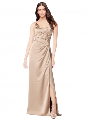 Best Sleeveless Low Back Long V-Neck A-Line Silky Satin Evening Dress UK
