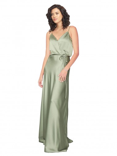 Best Sleeveless V-Back Long V-Neck A-Line Smoke Green Evening Dress UK