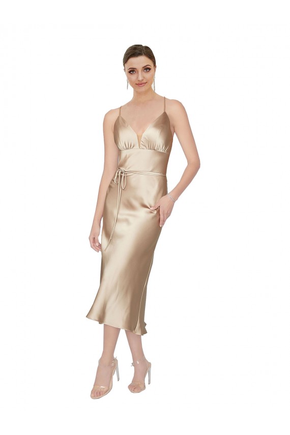 Best Sleeveless Midi Length V-Neck A-Line Silky Satin Evening Dress UK