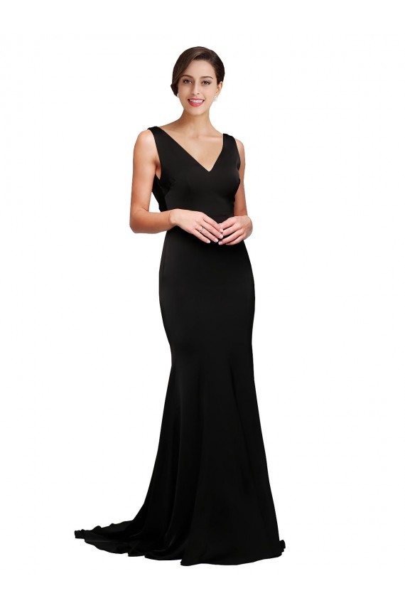 Best Sleeveless Low Back Sweep Train V-Neck A-Line Evening Dress UK