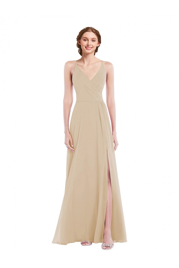 Best Sleeveless Open Back Long V-Neck A-Line Champagne Maxi Evening Dress UK