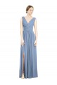 Best Sleeveless Long V-Neck A-Line Dusty Blue Maxi Evening Dress UK