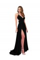 Best Sleeveless Open Back Long V-Neck A-Line Black Sexy Evening Dress UK