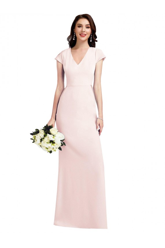 Best Cap Sleeves Long V-Neck A-Line Stretch Crepe Evening Dress UK