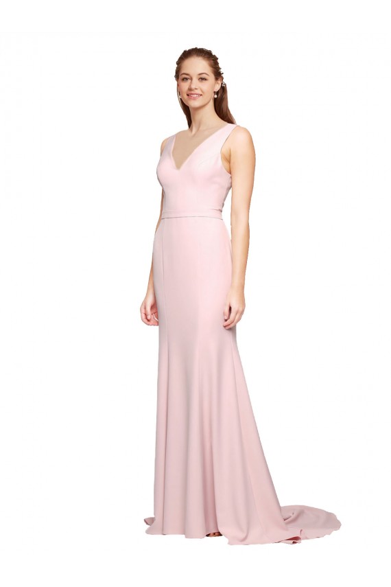 Best Sleeveless V-Back Sweep Train V-Neck A-Line Semi Formal Evening Gown UK