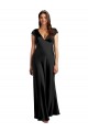 Best Cap Sleeves Keyhole Back Long V-Neck A-Line Stretch Satin Evening Dress UK