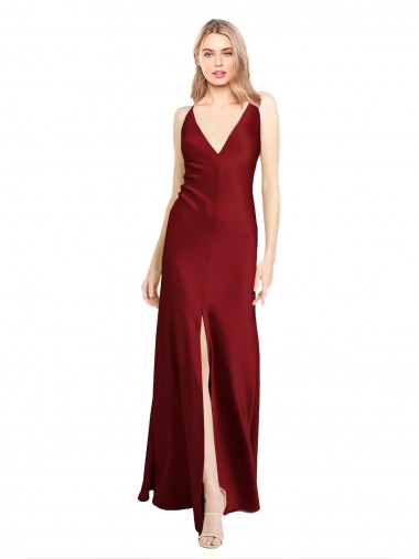 Best Sleeveless V-Back Long V-Neck A-Line Stretch Satin Evening Dresses UK