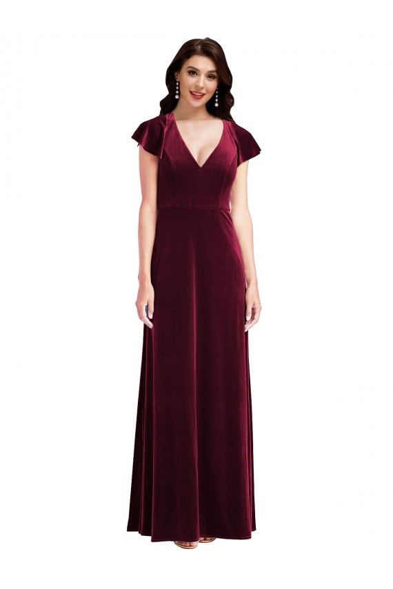 Best Flutter Sleeves Long V-Neck A-Line Burgundy Maxi Evening Dress UK