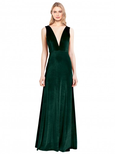 Best Sleeveless V-Back Long V-Neck A-Line Dark Green Evening Gown UK