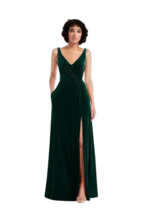 Best Sleeveless V-Back Long V-Neck A-Line Stretch Velvet Maxi Evening Dress UK