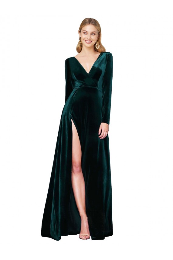 Best Long Sleeves Sweep Train V-Neck A-Line Evening Dress UK
