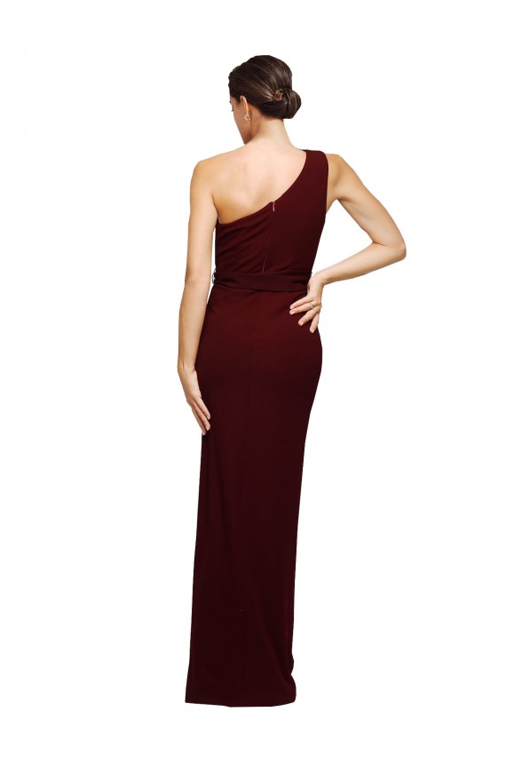 Best Sleeveless Long One Shoulder Sheath Burgundy Gold Stretch Crepe Evening Dress UK