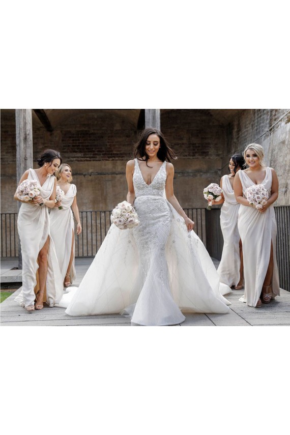 Best Sleeveless Low Back Long V-Neck A-Line Evening Dress UK