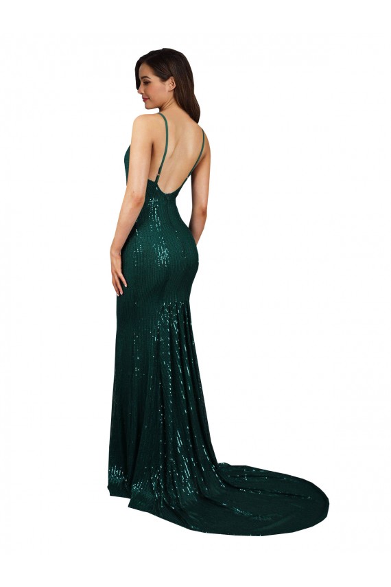 Best Sleeveless Low Back Long V-Neck Mermaid Sequin Sexy Evening Dress UK