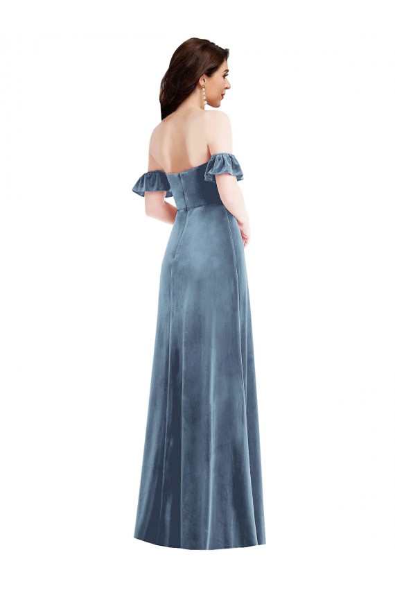 Best Ruffle Sleeves Low Back Long Off the Shoulder A-Line Semi Formal Evening Dress UK