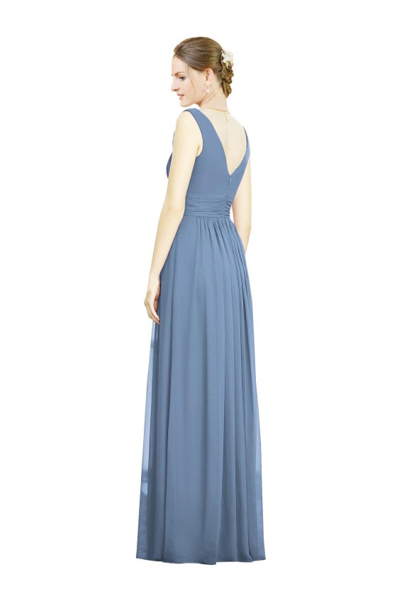 Best Sleeveless Long V-Neck A-Line Dusty Blue Maxi Evening Dress UK