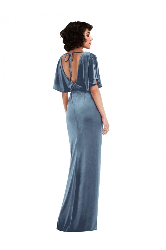 Best Flutter Sleeves Open Back Long Sheath Maxi Evening Dress UK