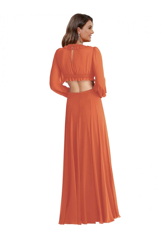Best Long Sleeves Open Back Long V-Neck A-Line Maxi Evening Dress UK