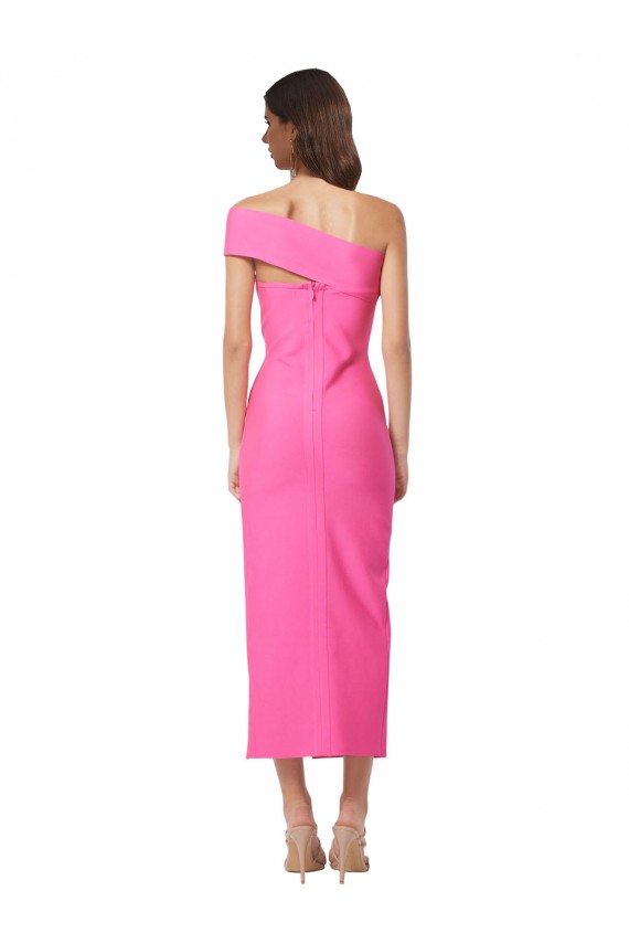 Best Sleeveless Midi Length One Shoulder Sheath Fuchsia Evening Dress UK