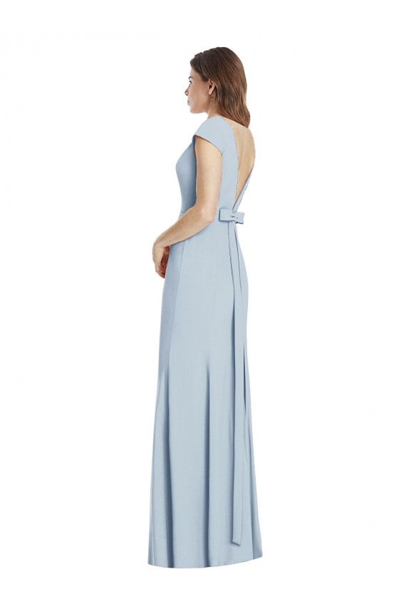 Best Cap Sleeves Open Back Long Bateau Neck Trumpet Light Sky Blue Semi Formal Evening Dress UK