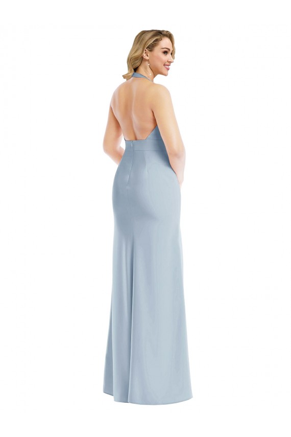 Best Sleeveless Open Back Long Halter Neck Trumpet Light Sky Blue Semi Formal Evening Dress UK