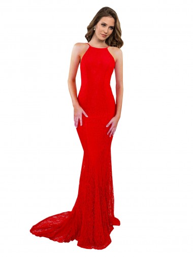 Best Sleeveless Open Back Long High Neck Mermaid Lace Sexy Evening Dress UK