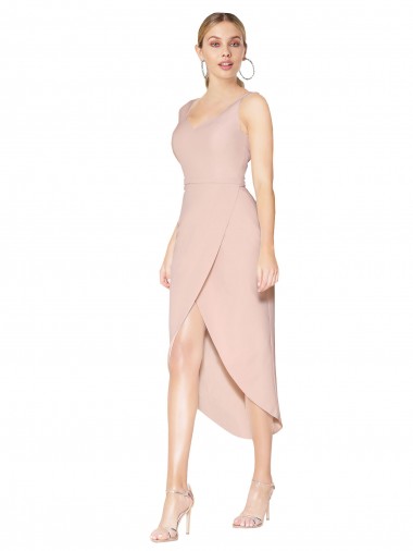 Best Sleeveless V-Back Knee Length High Neck Mermaid Crepe Evening Dress UK