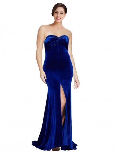 Best Sleeveless Low Back Sweep Train Strapless Mermaid Stretch Velvet Evening Dress UK
