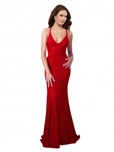 Best Sleeveless Open Back Long V-Neck Mermaid Lace Evening Dress UK