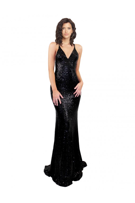 Best Sleeveless Open Back Long V-Neck Mermaid Black Sequin Sexy Evening Dress UK