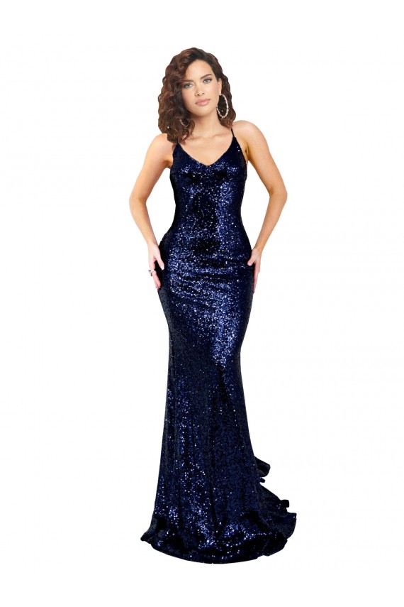 Best Sleeveless Open Back Long V-Neck Mermaid Dark Navy Sexy Evening Dress UK