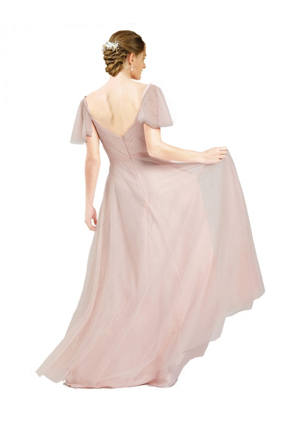 Best Flutter Sleeves Long V-Neck A-Line Semi Formal Evening Dress UK
