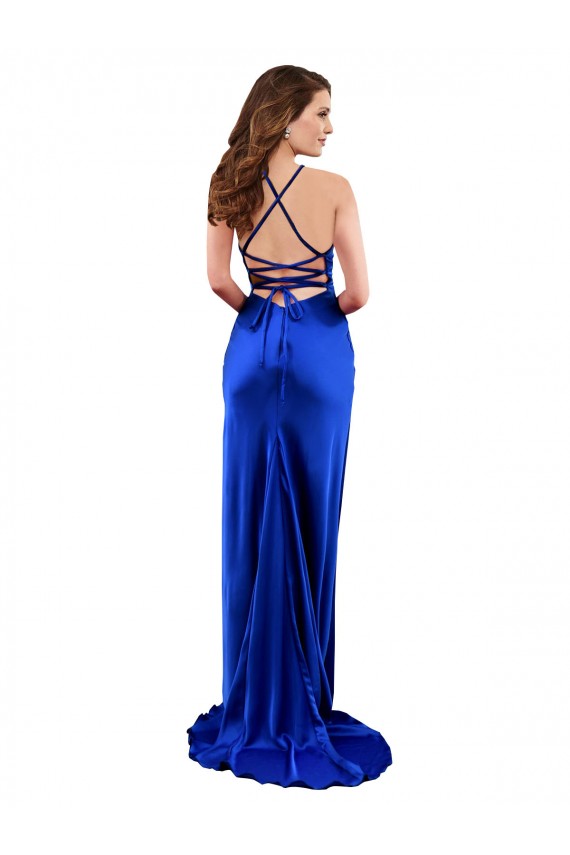 Best Sleeveless Open Back Long Cowl Neck Sheath Silky Satin Evening Gown UK