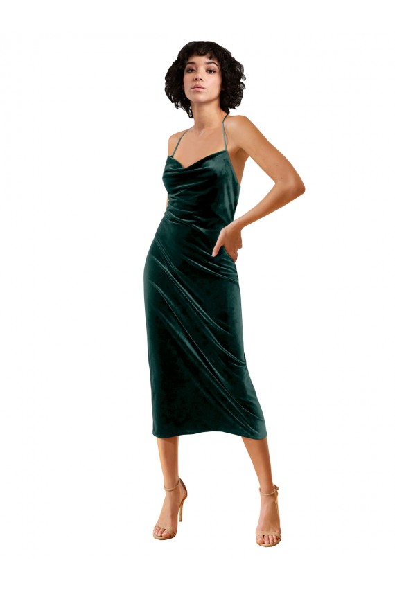 Best Sleeveless Open Back Midi Length Cowl Neck Sheath Stretch Velvet Evening Dress UK
