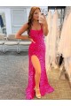 Best Sleeveless Sweep Train Spaghetti Straps Sheath Fuchsia Evening Dress UK