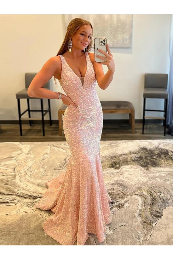 Best Sleeveless Sweep Train V-Neck Sheath Velvet Sequin Evening Dress UK