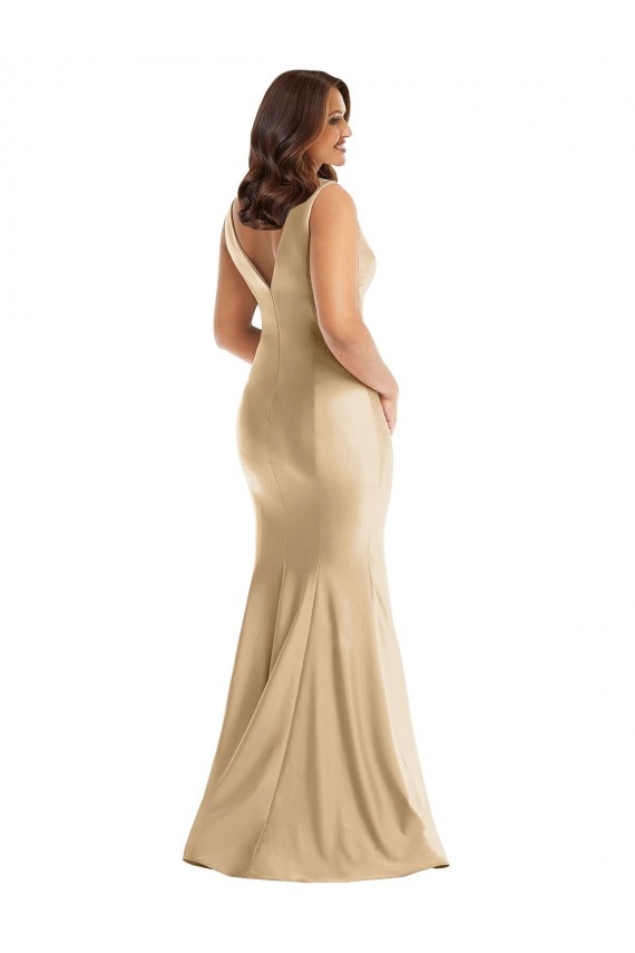 Best Sleeveless V-Back Long V-Neck Mermaid Silky Satin Plus Size Evening Dress UK
