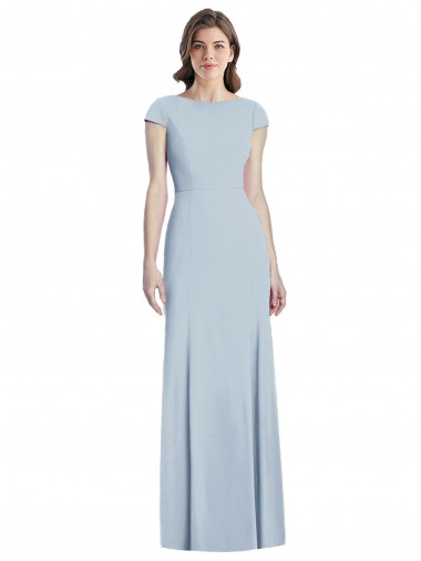 Best Cap Sleeves Open Back Long Bateau Neck Trumpet Light Sky Blue Semi Formal Evening Dress UK