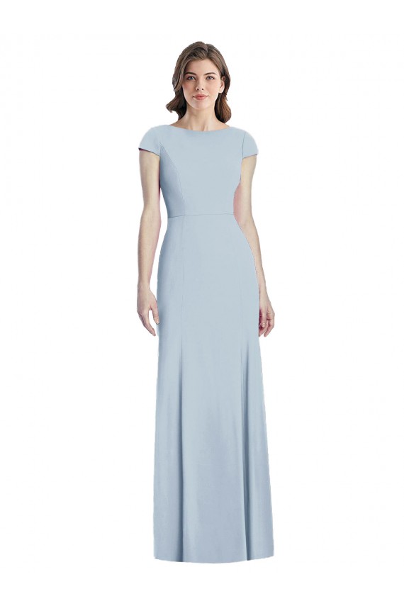 Best Cap Sleeves Open Back Long Bateau Neck Trumpet Light Sky Blue Semi Formal Evening Dress UK