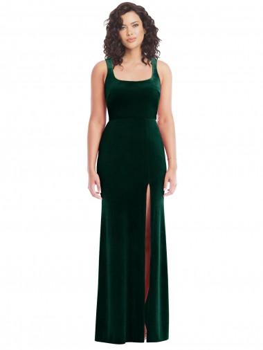 Best Sleeveless Long Square Neck Trumpet Stretch Velvet Maxi Evening Dress UK