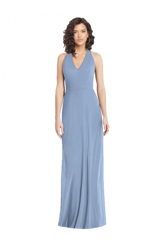 Best Sleeveless Open Back Long V-Neck Trumpet Luxe Chiffon Evening Dress UK